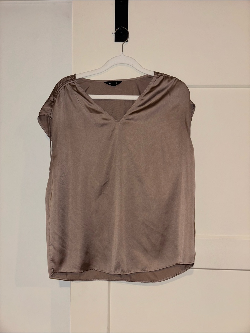 Express Satin V-Neck Cap Sleeve Blouse in Taupe